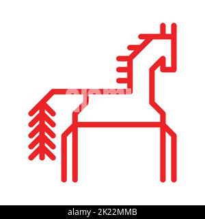 Vecteur ornemental concept a rouge simple symbole de cheval. L'icône de contour de l'animal est un élément décoratif traditionnel des peuples de Carélie et de Finlande. NAT Illustration de Vecteur