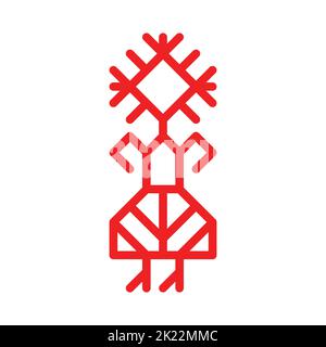 Vecteur ornemental concept a rouge simple symbole de la femme. Icône de la jeune fille dans la robe nationale traditionnelle des peuples de Carélie et de Finlande. Décoration Illustration de Vecteur
