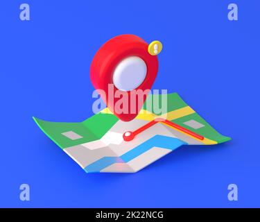 3d effectuez le rendu de l'emplacement rouge sur la carte avec la ligne d'itinéraire sur fond bleu. Symbole de direction GPS, icône de navigation, pointeur de localisation de voyage ou marqueur pour le repère de destination de l'élément de point de position de lieu Banque D'Images