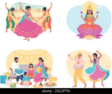 Traditions pendant Diwali 2D vecteur isolé jeu d'illustrations Illustration de Vecteur