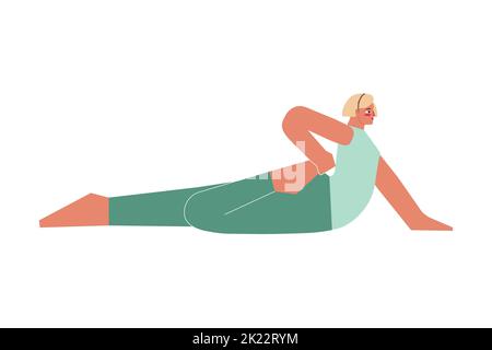 Illustration vectorielle isolée avec personnage femelle adulte plat. Sportive blonde femme apprend la posture avec le dos et fait Ardha Bhekasana au yoga cla Illustration de Vecteur