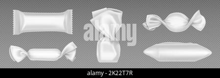 Emballages vierges de bonbons et de chocolats, 3D paquets de plastique blanc. Maquette réaliste de bonbons enveloppants, modèle vide de paquets pour bonbon, en-cas et bonbons durs Illustration de Vecteur
