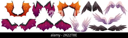 Collection Wings of Daemon and Angel Halloween. Paires d'ailes de dragon, de chauve-souris, de colombe ou de vampire. Set magique noir et blanc pour personnages fantaisie, éléments de jeu isolés, illustration vectorielle de dessin animé Illustration de Vecteur