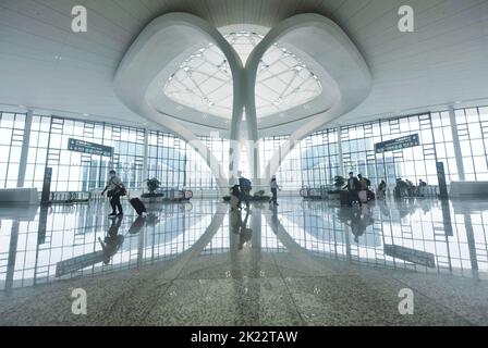 HANGZHOU, CHINE - 22 SEPTEMBRE 2022 - les passagers se promo devant la « vallée du Lotus » à l'aéroport international de Hangzhou Xiaoshan phase III (terminal T) Banque D'Images