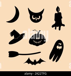 Halloween silhouettes fantôme chauve-souris citrouille hibou croissant lune sorcière chapeau bougie et balai Illustration de Vecteur