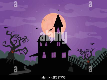 halloween maison sombre effrayante avec des arbres effrayants Illustration de Vecteur