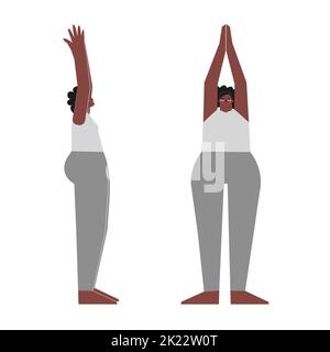 Concept vectoriel à caractère afro-américain féminin plat. Forte corps positif femme apprend la posture debout Urdhva Hastasana à la classe de yoga. Fitness Illustration de Vecteur