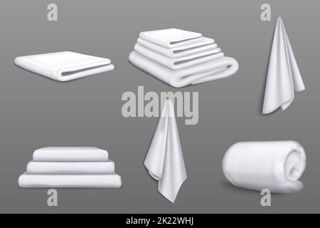 Serviettes en tissu blanc pour la salle de bains, la douche, la cuisine ou la plage. Vector Realistic ensemble de serviettes en tissu doux et propre pour les mains, le corps et le spa suspendus, pliés en pile et roulés Illustration de Vecteur