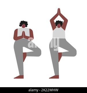 Concept vectoriel isolé avec caractères positifs plats pour le corps des femmes. La femme adulte afro-américaine apprend la posture d'équilibrage et pose d'arbre à la cl de yoga Illustration de Vecteur