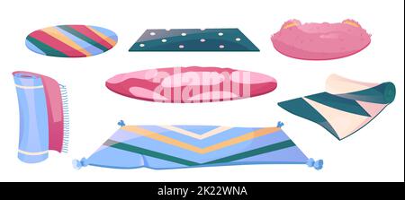 Ensemble de tapis ou de tapis, revêtement de sol, décoration intérieure de formes, motifs et couleurs différents. Tapis avec bords à franges, décoration chaleureuse isolée sur fond blanc, illustration vectorielle de dessin animé Illustration de Vecteur
