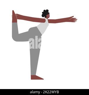 Illustration vectorielle avec personnage féminin jeune plat. Sportive afro-américaine femme apprend la posture d'étirement et fait Lord of the Dance pose à yog Illustration de Vecteur