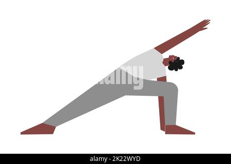 Illustration vectorielle isolée avec caractère femelle plat. Sportive afro-américaine femme apprend la posture debout Utthita Parsvakonasana à la classe de yoga. Illustration de Vecteur