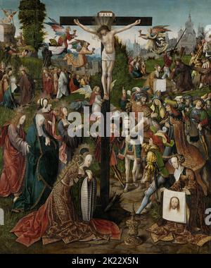 Pays-Bas: 'La Crucifixion'.Huile sur tableau de Jacob Cornelisz van Oostsanen (c.1472/1477-1533), chap1507-1510.Dans cette célèbre scène du Nouveau Testament de la Bible chrétienne, Jésus-Christ est crucifié.Il est cloué à une croix portant les initiales «INRI»—Iesus Nazerenus, Rex Iudaeorum», signifiant «Jésus de Nazareth, roi des Juifs»—signifiant le ridicule de lui par les Romains.Les anges volent à proximité, collectant le sang de Jésus dans leurs gobelets.Au pied de la croix, richement habillée et avec un halo autour de ses cheveux dorés, Mary Magdalene prie. Banque D'Images