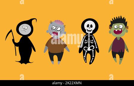 Halloween personnages de dessin animé zombie frankenstein mort avec scythe et squelette Illustration de Vecteur