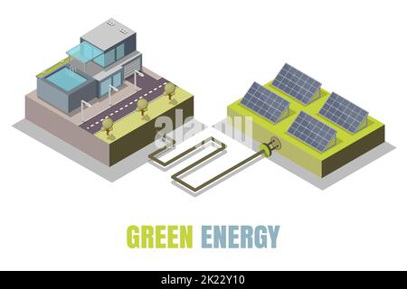Illustration du vecteur de concept d'énergie verte. Isométrique écologique maison moderne et panneaux solaires produisant de l'énergie électrique. Illustration de Vecteur