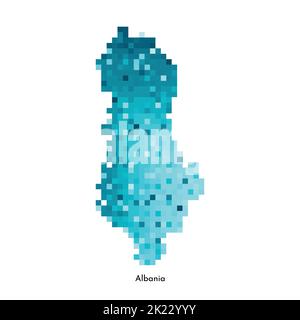 Illustration géométrique à vecteur isolé avec silhouette simplifiée en bleu glacé de la carte de l'Albanie. Style pixel art pour modèle NFT. Logo en pointillés avec dégradé Illustration de Vecteur