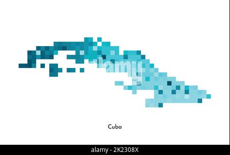 Illustration géométrique vectorielle isolée avec silhouette simplifiée en bleu glacé de la carte de Cuba. Style pixel art pour modèle NFT. Logo en pointillés avec dégradé de forme Illustration de Vecteur