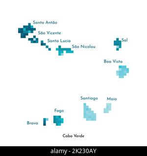 Illustration géométrique à vecteur isolé avec silhouette simplifiée en bleu glacé de la carte du Cap-Vert (Cabo Verde). Style pixel art pour modèle NFT. LO. Pointillé Illustration de Vecteur