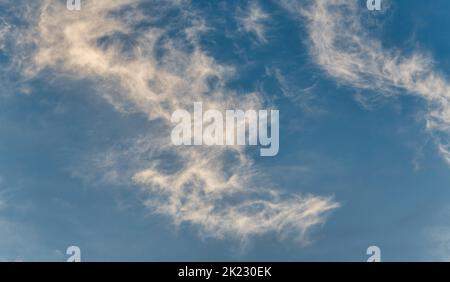 Une image détaillée des nuages cirrus blancs et wispy par rapport À Une image haute résolution ciel bleu de jour Banque D'Images