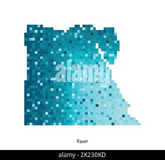 Illustration géométrique vectorielle isolée avec silhouette simplifiée en bleu glacé de la carte de l'Égypte. Style pixel art pour modèle NFT. Logo en pointillés avec dégradé t Illustration de Vecteur