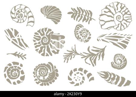 Ensemble de stencil silhouette coquillages et plantes coquillages d'océan dessinés à la main ou conch mollusque pétoncle Mer sous-marin animal fossile Nautical et aquarium Illustration de Vecteur