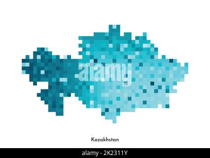 Illustration géométrique vectorielle isolée avec forme simple bleu glacé de la carte du Kazakhstan. Style pixel art pour modèle NFT. Logo en pointillés avec texte dégradé Illustration de Vecteur