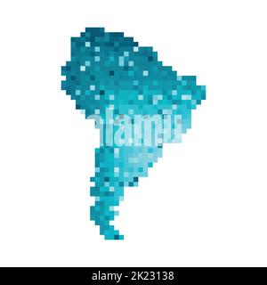 Illustration géométrique à vecteur isolé avec silhouette simplifiée en bleu glacé de la carte de l'amérique du Sud. Style pixel art pour modèle NFT. Logo en pointillés avec gr Illustration de Vecteur