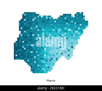 Illustration géométrique à vecteur isolé avec silhouette simplifiée en bleu glacé de la carte du Nigeria. Style pixel art pour modèle NFT. Logo en pointillés avec dégradé Illustration de Vecteur