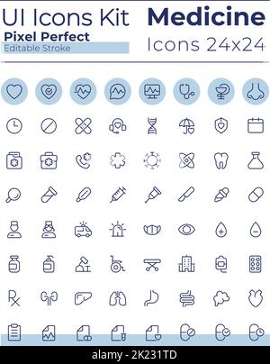 Jeu d'icônes d'interface utilisateur linéaire Perfect pixel associé à la médecine Illustration de Vecteur