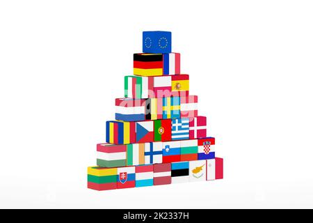 3D Rendering: A pyramid of cubes painted in the colors of the flags of European states on a white background. Stock Photo