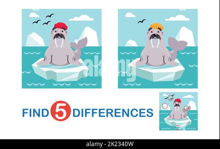 Trouvez les différences. Morse sur glace. Mini-jeux éducatifs pour enfants, apprentissage Illustration de Vecteur