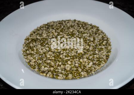 Dried Split Moong Dal or chilka moong dal (Vigna radiata) on a white plate in studio settings. Uttarakhand India Stock Photo