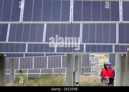 YANTAI, CHINE - le 22 SEPTEMBRE 2022 - les travailleurs de l'électricité inspectent le matériel à la ferme photovoltaïque complémentaire de 112 mégawatts de Jingneng International Banque D'Images