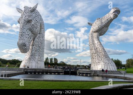 The Kelpies - sculptures à tête de cheval de 30 mètres de haut, créées par Andy Scott, à Falkirk, en Écosse, au Royaume-Uni. Banque D'Images