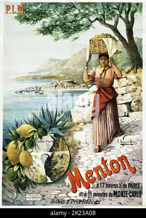 FRÉDÉRIC HUGO d'ALESI (1849-1906) affiche de voyage Menton, Monte-Carlo PLM c 1890-1900 Banque D'Images