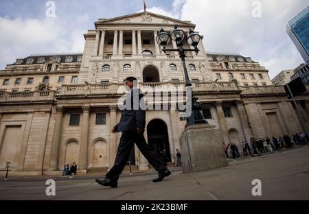 Londres, Royaume-Uni. 22nd septembre 2022. La Banque d'Angleterre fait passer le taux d'intérêt de 1,75 % à 2,25 %. C'est le plus élevé qu'il ait été depuis 2008. Crédit : Karl Black/Alay Live News Banque D'Images