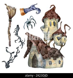 Illustration de l'aquarelle de la tour fantaisie d'Halloween isolée sur blanc. Maison impaire, maison hantée, araignée, balai, bottes de sorcière, museau tiré à la main. Design elem Banque D'Images