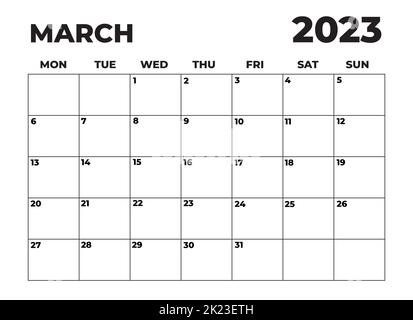 March 2023 Black and White Monday Start Landscaped Monthly Planner Stock Photo