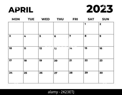 April 2023 Black and White Monday Start Landscaped Monthly Planner Stock Photo