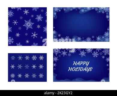 Bonne Année. Collection Merry Christmas design. Ensemble de motifs avec carte, fond bleu foncé, collection de flocons de neige, motif sans couture Illustration de Vecteur