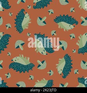 Arrière-plan à motif de pointes, de pointes, de marmottes, de hérisson et de champignons sans couture. Dessins animés kawaii hérissons, toile de fond de champignons Doodle. Créatures de la forêt de la nature Illustration de Vecteur