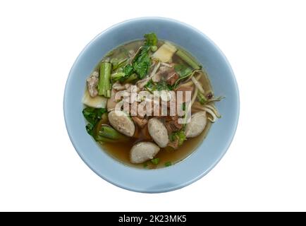 Soup with braised pork (stewed pork), fresh pork, pork balls and morning glory, bean sprouts sprinkled with chopped onions in bowl isolated on white b Stock Photo