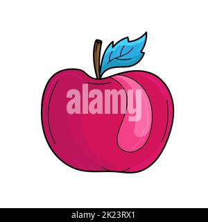 Pomme rose avec feuilles bleues en style dessin animé sur fond blanc. Icône vectorielle pour la conception Illustration de Vecteur