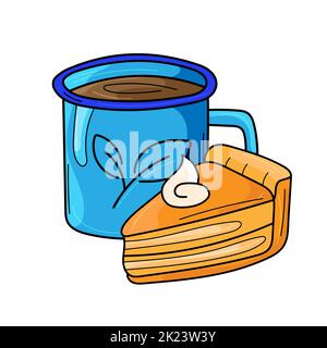 Thé chaud dans une tasse et tarte à la citrouille. Illustration vectorielle de dessin animé isolée sur fond blanc. Ambiance d'automne. Couleurs vives Illustration de Vecteur