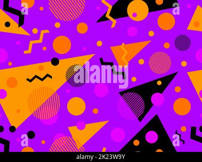 Motif sans couture Memphis avec formes géométriques dans le style 80s. Palette de couleurs pour Halloween orange et violet. Conception de produits promotionnels, emballage de pape Illustration de Vecteur