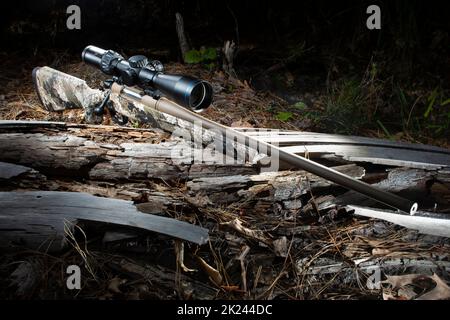 Rifle and scope on a log in the forest that is falling apart Stock Photo