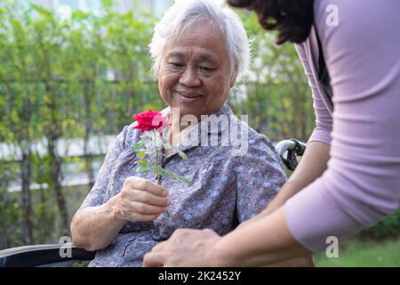 La fille du soignant se câlin et aide la vieille femme asiatique âgée ou âgée qui tient une rose rouge sur un fauteuil roulant dans le parc. Banque D'Images