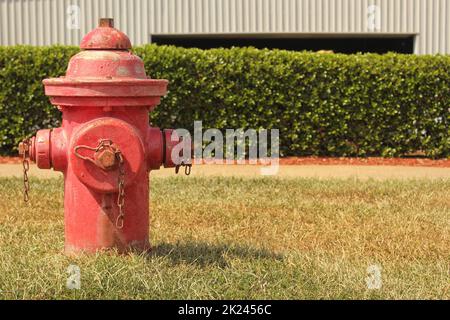 Hydrant rouge vintage devant le bâtiment de la ville Banque D'Images