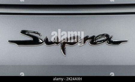 DETROIT, MI/USA - SEPTEMBER 14, 2022: Close-up of a 2022 Toyota Supra A91-CF emblem at the North American International Detroit Auto Show (NAIAS). Stock Photo