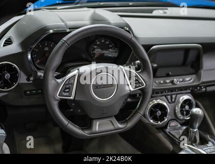 DETROIT, MI/USA - SEPTEMBER 14, 2022: Close-up of a Chevrolet Camaro SS interior at the North American International Detroit Auto Show (NAIAS). Stock Photo